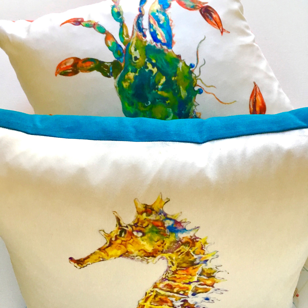 Blue Crab And Seahorse 20x20 Pillow Print